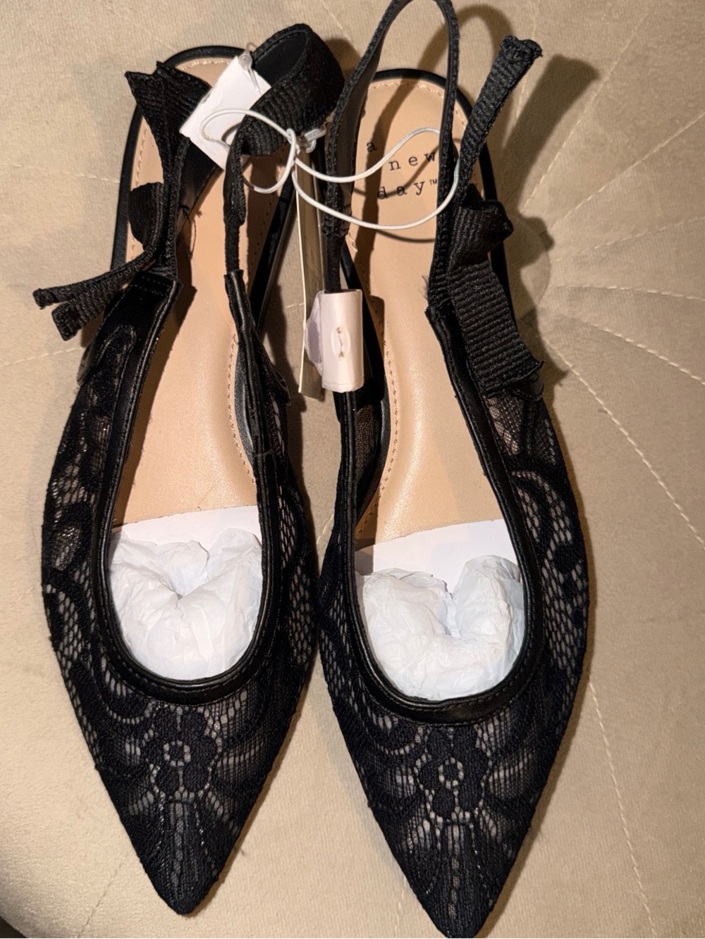 a new day Black Lace Mesh Bow Pointed Slingback Flats - Women's Size 6 1/2
